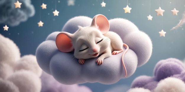 Photo little cute cartoon mouse sleeping on a cloud decoration