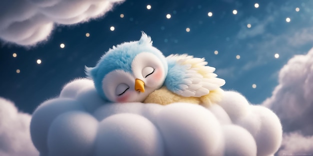 Photo little cute cartoon owl sleeping on a cloud decoration