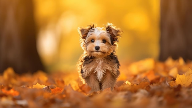 Little cute dog standing in autumn leaves