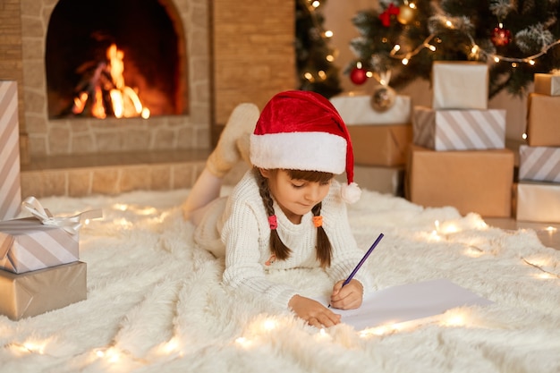 Little cute female child lying on floor on carpet and writing letter to Santa Claus