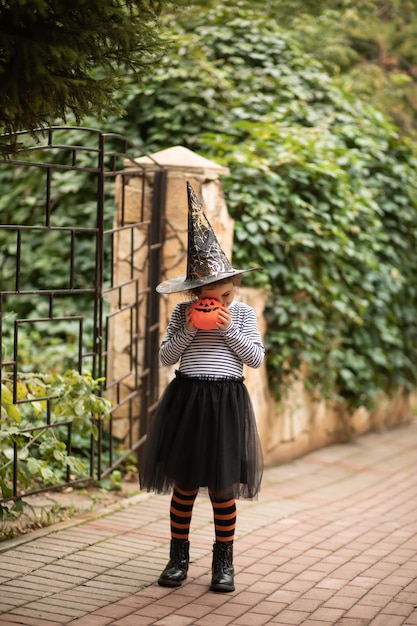 Little cute girl in witch costume holding jack-o-lantern pumpkin. Kid trick or treating in Halloween holiday.