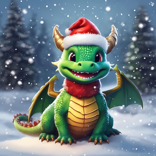 A little cute green dragon stands in the winter forest and smiles Dragon in a red scarf and a cap