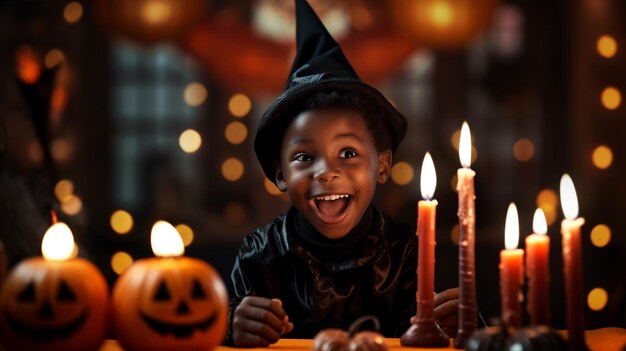 Little cute happy boy in wizard costume with candles in front fun and amusement expression on face celebrating halloween pumpkin party on decorated background