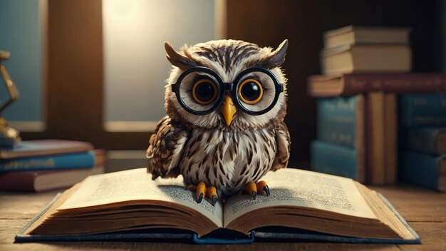 Photo little cute owl in glasses reading a book education and learning concept symbol of wisdom and knowledge