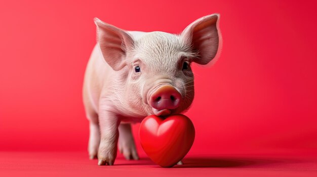 Little cute piglet standing ovet the red heart with his tongue on Saint Valentines day or Womens