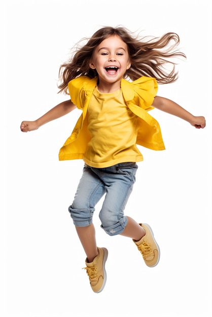 A little cute yellow clothe wearing girl jumping isolated on white background