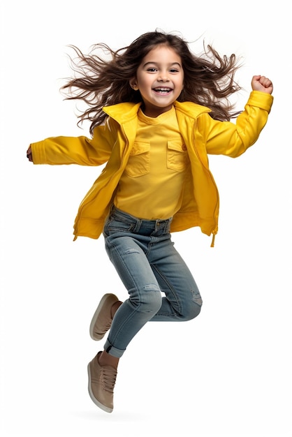 A little cute yellow clothe wearing girl jumping isolated on white background