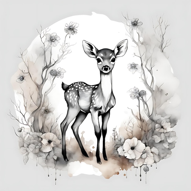 Little Deer Coloring Page Pencil Sketch Forest Setting