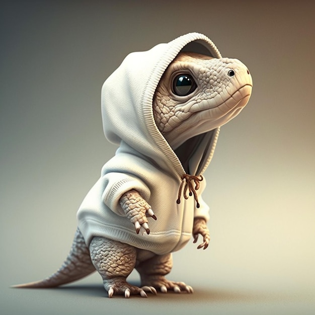 A little dinosaur in a beige hoodie