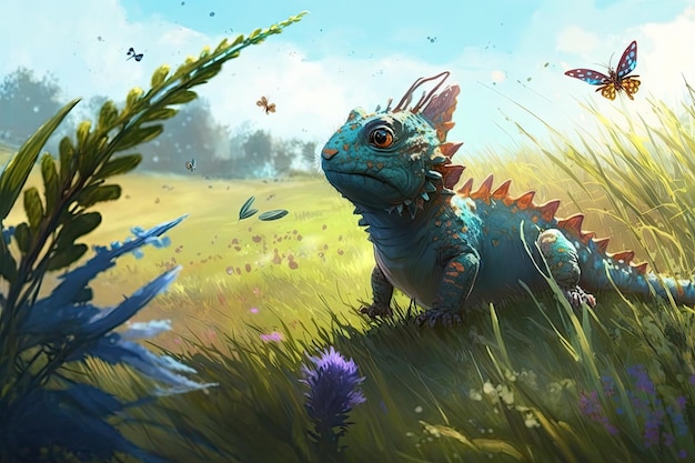 Little dragon chasing butterfly through meadow in warm summer day