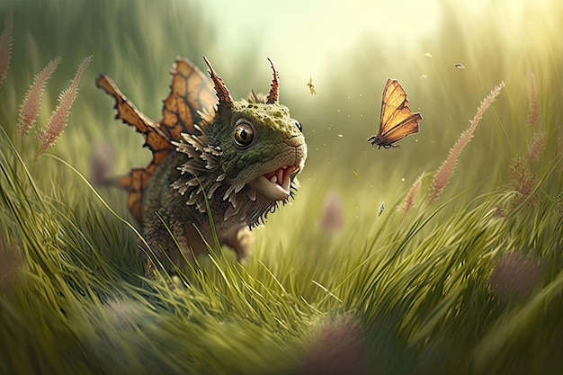 Little dragon chasing butterfly through meadow in warm summer day