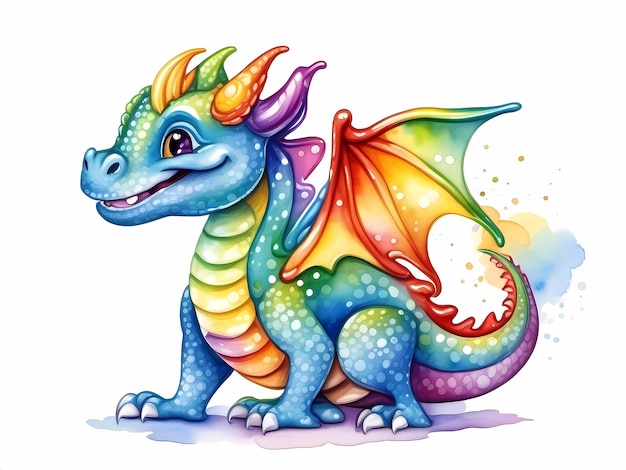 A little dragon with beautiful big eyes is happy and smiling Colorful illustration in rainbow colors