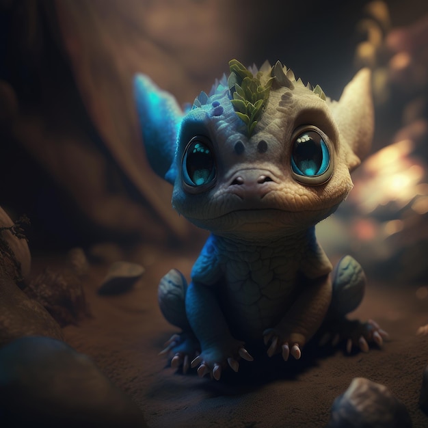 A little dragon with blue eyes sits on a rock.