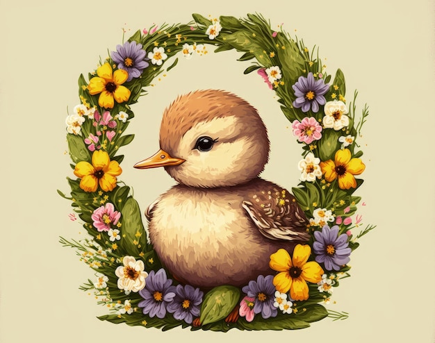 Little duck wearing a floral wreath