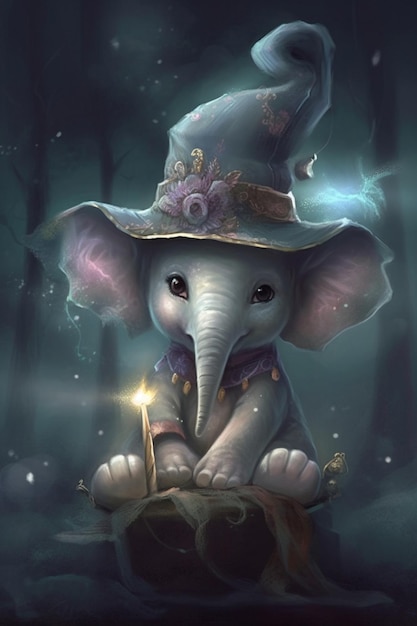 A little elephant in a hat sits on a log in the dark.