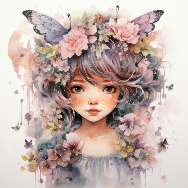 A little fairy girl surrounded by pastel flowers