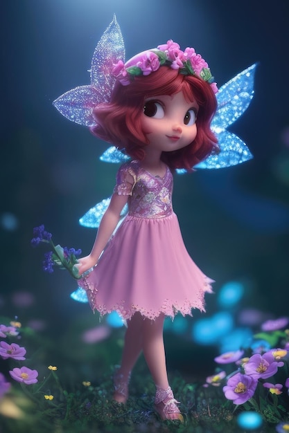 A little fairy with a purple dress and flowers on her head stands on a rock.