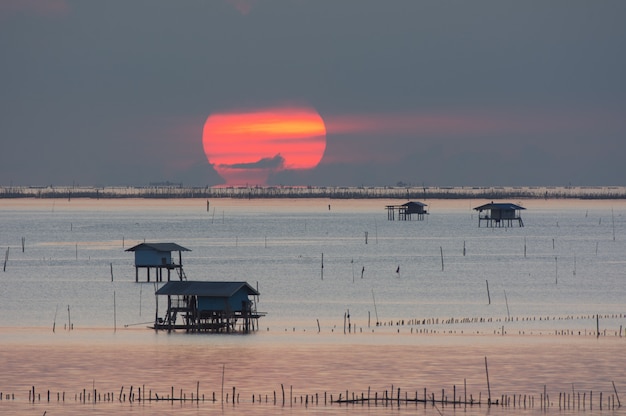 Little fisherman's hut in Bang Taboon Bay, South Of Thailand in the morning Light