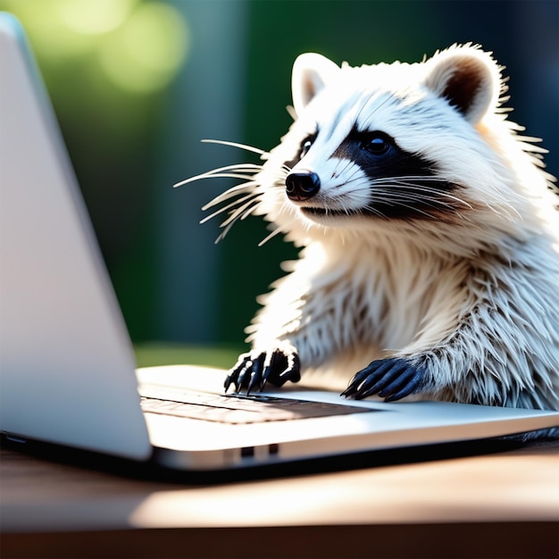 Little Fluffy White Raccoon Hacker With Macbook Photorealistic Full Body