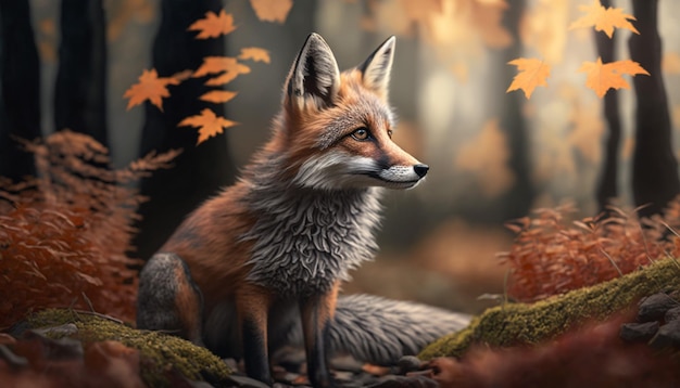 A little fox in an autumn forest