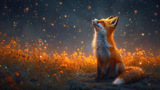 a little fox looking up at a starfilled sky