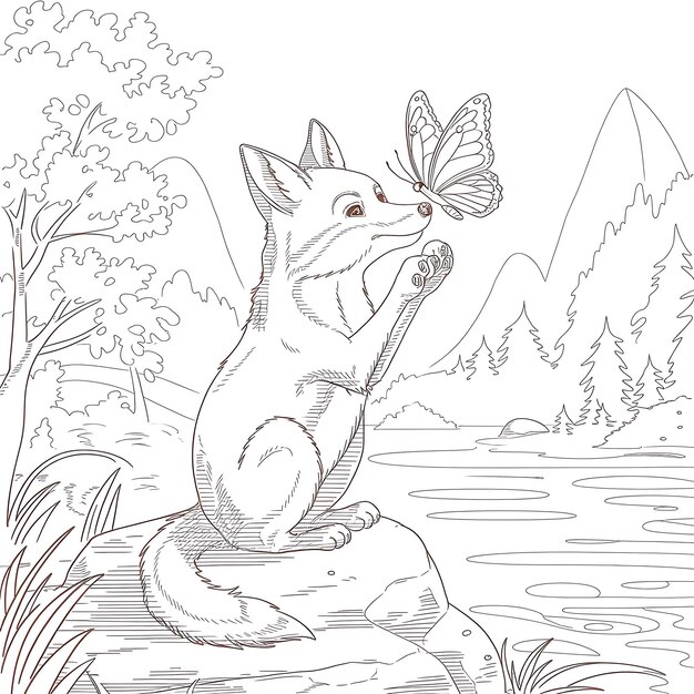 A little fox playing with a butterfly drawing with lines illustration