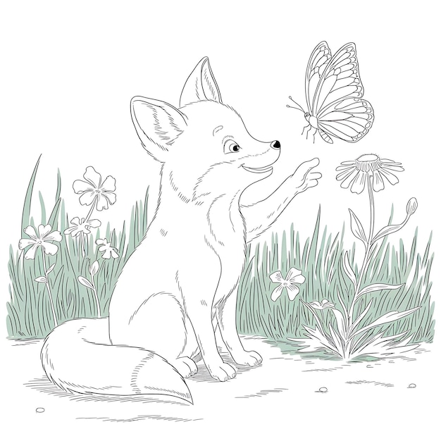 A little fox playing with a butterfly drawing with lines illustration