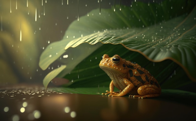 little frog on the leaf when it rains