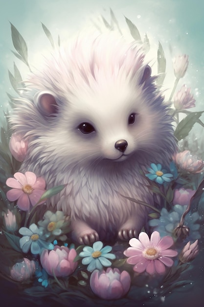 A little furry animal in a field of flowers