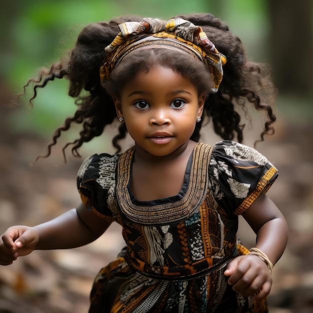 Little girl in African dress exploring the woods with a touch of tradition