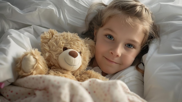 Little girl after chemotherapy with toy bear lying in bed at hospital closeup Intern Generative AI