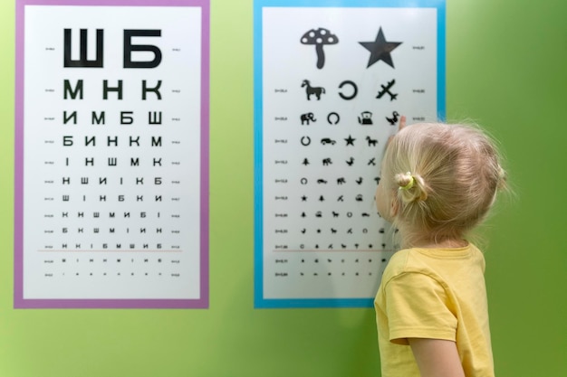 Photo little girl at appointment with optometrist near poster to check her eyesight pediatric optometrist for prescooler