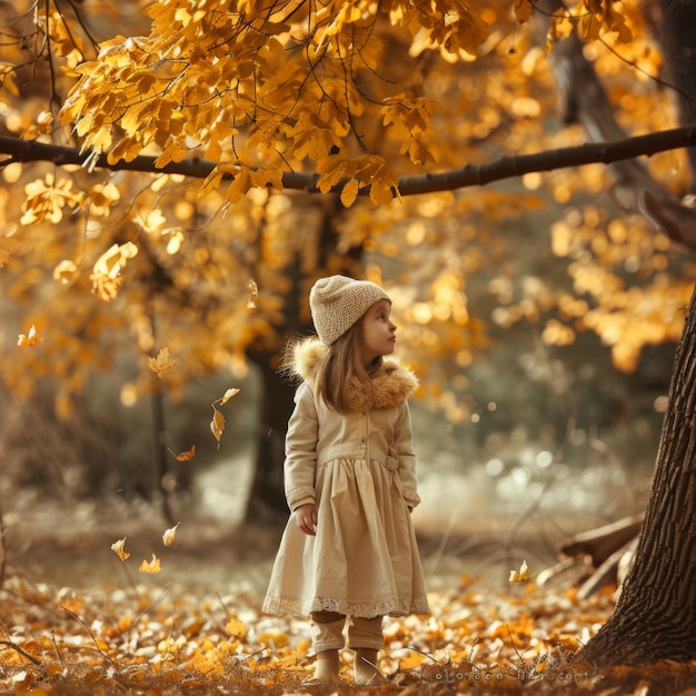 Little girl in autumn forest enjoying fall foliage Adorable child playing with yellow leaves outdoors Concept of childhood nature and happy moments