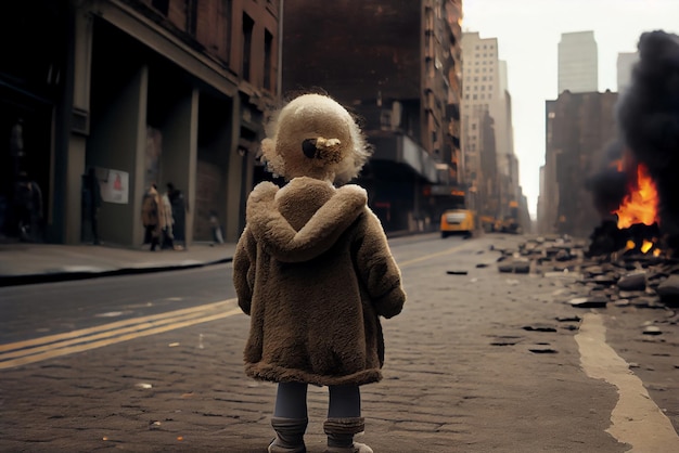 Little girl back a torn teddy against the backdrop of an exploding city Illustration Generative AI