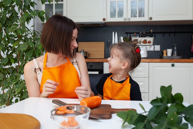 Little girl and beautiful mom are cooking vegetables at home kitchen