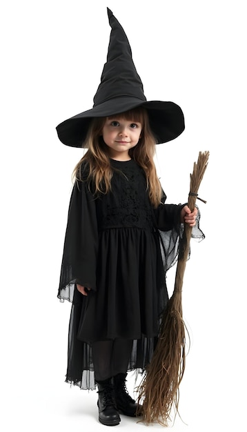 a little girl in a black dress with a broom and a broom