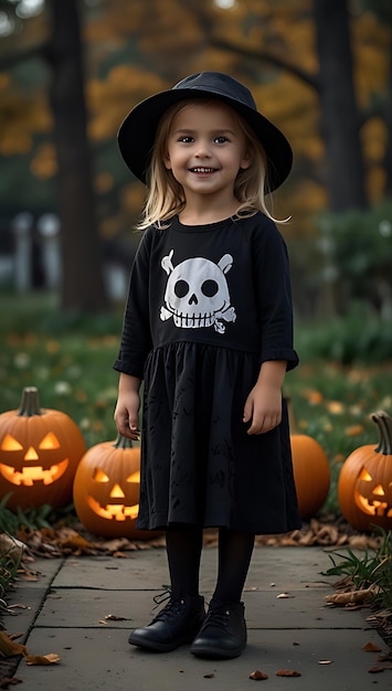 Photo a little girl in a black dress with a skull on it