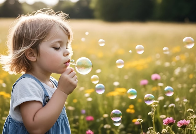 a little girl blowing bubbles in a field with a field of flowers and grass