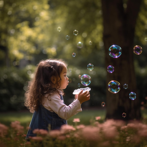 A little girl blowing bubbles in a park.