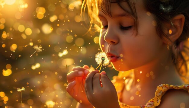 Photo little girl blowing dandelion seeds in sunlight