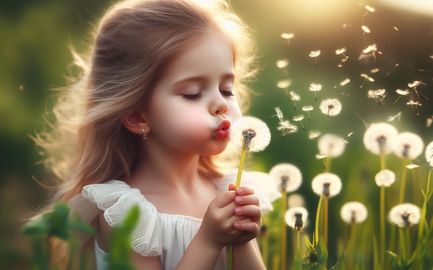 Little girl blowing dandelions blurred garden background