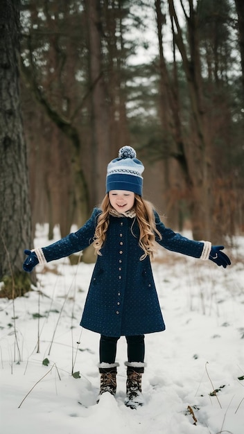 Little girl in a blue hat playing in a winter forest