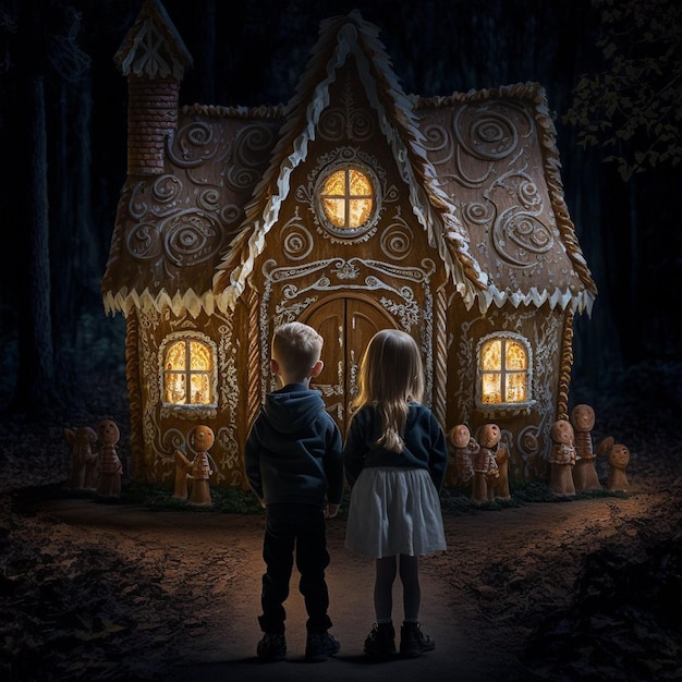 A little girl and boy stand in front of a gingerbread house