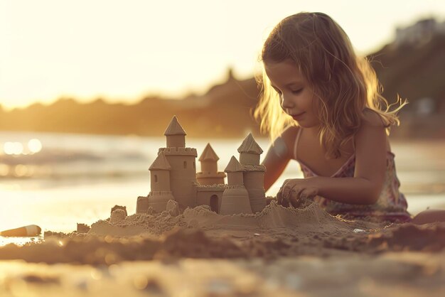 Photo little girl building a sand castle on the beach