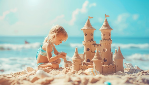 Little girl builds a sand castle on the beach with a blue ocean Girl playing on summer vacation