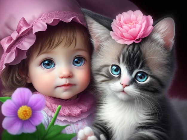 A little girl and a cat with a flower