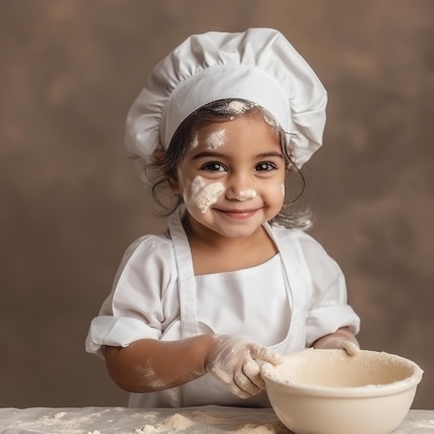 A little girl in a chef's hat is making flour.