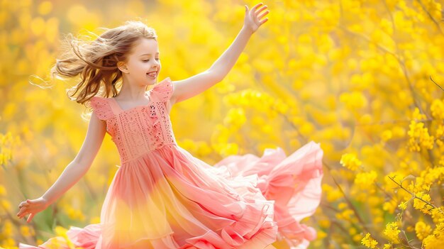 a little girl in a colorful dress is dancing in the wind