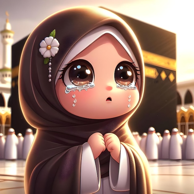 a little girl crying with a sad face and a black scarf that says quot a mosque quot