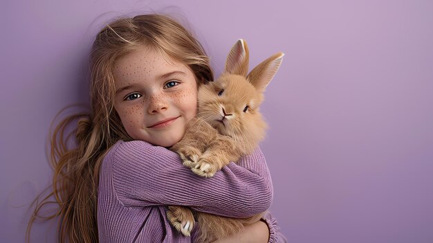 A little girl cuddling a fluffy bunny